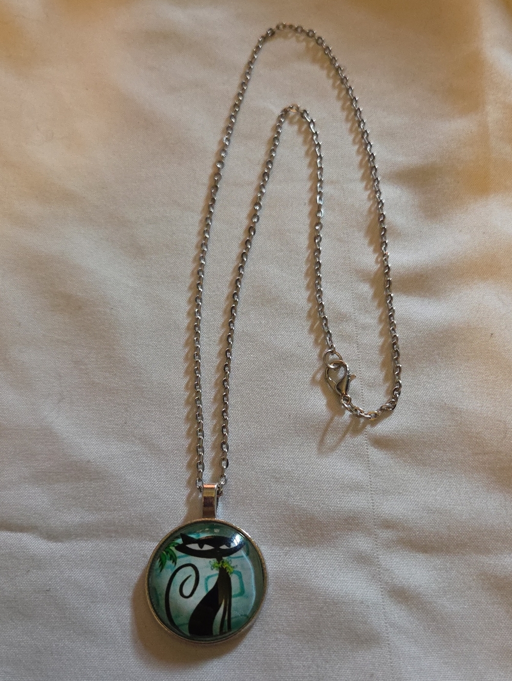 Silver-Tone Black Cat Pendant Necklace with Teal Accents